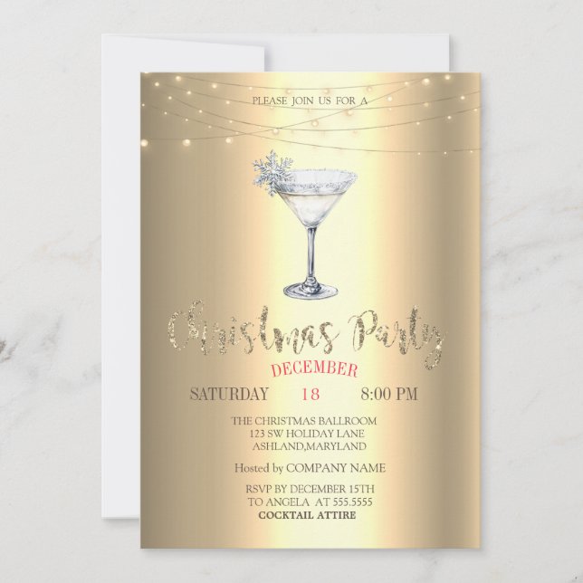  Cocktail Snowflake String Lights Gold Christmas  Invitation (Front)