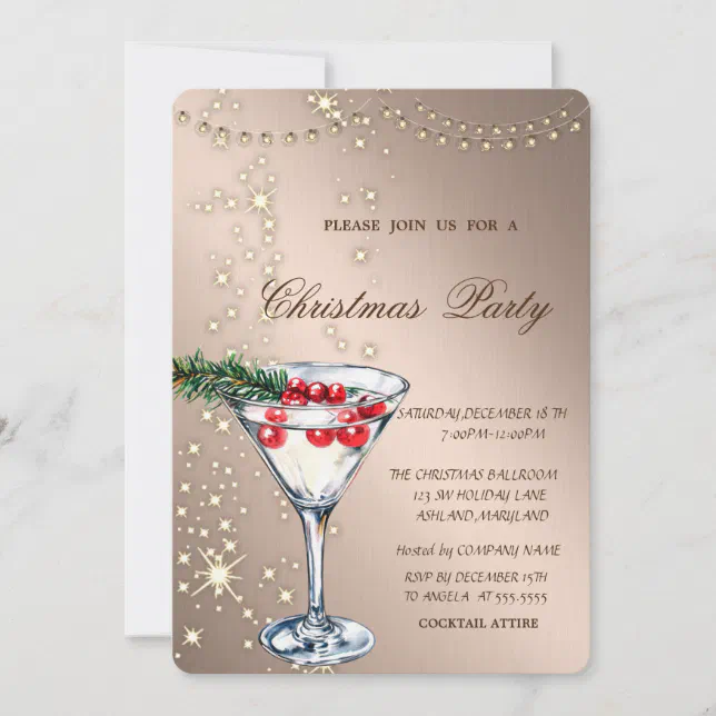 Cocktail,Sparkle,Lights,Rose Gold Christmas Party Invitation Zazzle
