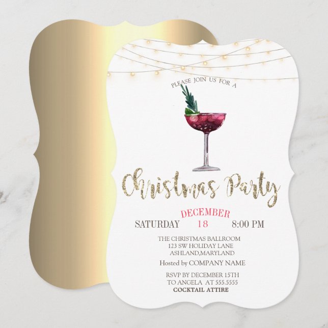 Cocktail,String Lights Gold Christmas Company Invitation (Front/Back)