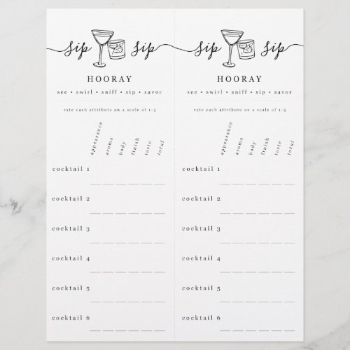 Cocktail Tasting Rating Scorecard Letterhead - Cocktail Tasting Rating Scorecard - Hand-drawn cocktail artwork in a wonderfully simple format.  Just cut the page in half (dotted line included for visual aid); you get 2 scorecards per page.