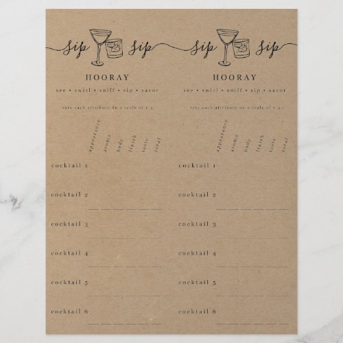 Cocktail Tasting Rating Scorecard on Faux Kraft Letterhead - Cocktail Tasting Rating Scorecard - Hand-drawn cocktail artwork on a wonderfully rustic faux kraft paper background.  Just cut the page in half (dotted line included for visual aid); you get 2 scorecards per page.