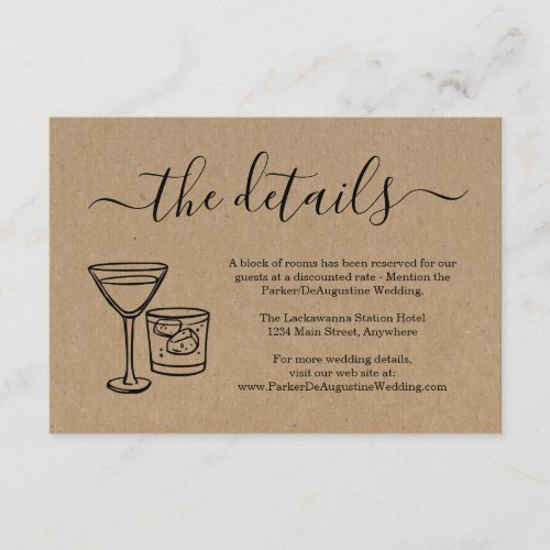 Cocktail Toast Information Details Enclosure Card - The martini and rocks glasses toast artwork is hand-drawn on a wonderfully rustic kraft background.

Coordinating Invitation as well as RSVP, Registry, Thank You cards and other items are available in the 'Rustic Brewery on Kraft Background' Collection within my store.
