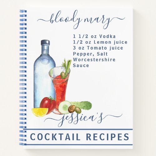 Cocktail Watercolor Recipe Mixed Drink Bloody Mary Notebook