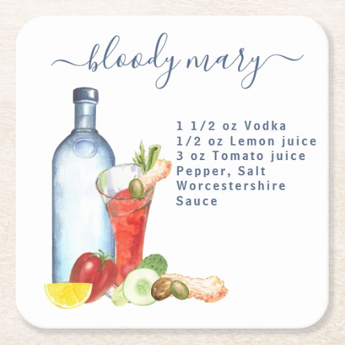 Cocktail Watercolor Recipe Mixed Drink Bloody Mary Square Paper Coaster