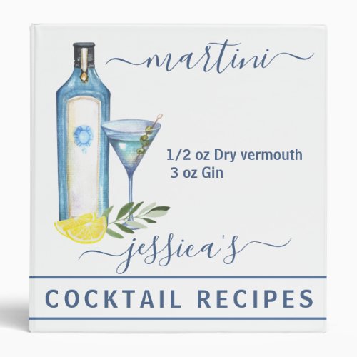 Cocktail Watercolor Recipe Mixed Drinks Martini 3 Ring Binder
