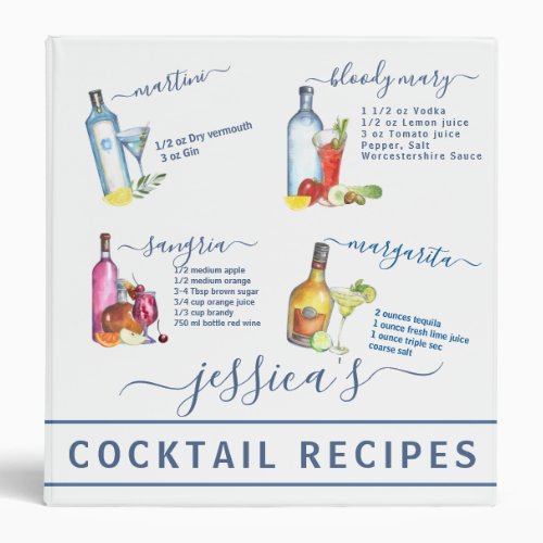 Cocktail Watercolor Recipe Mixed Drinks Martini 3 Ring Binder