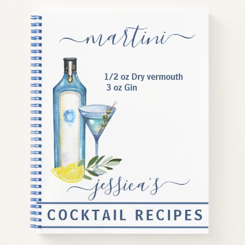 Cocktail Watercolor Recipe Mixed Drinks Martini Notebook
