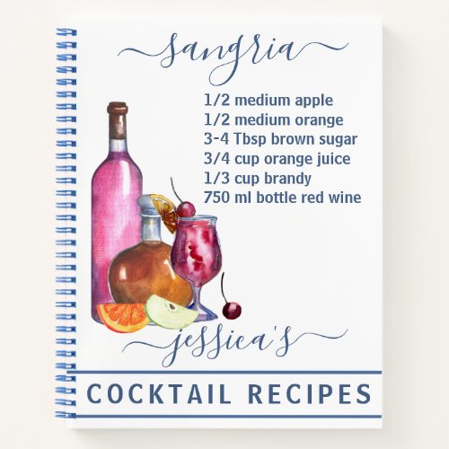 Cocktail Watercolor Recipe Mixed Drinks Sangria Notebook