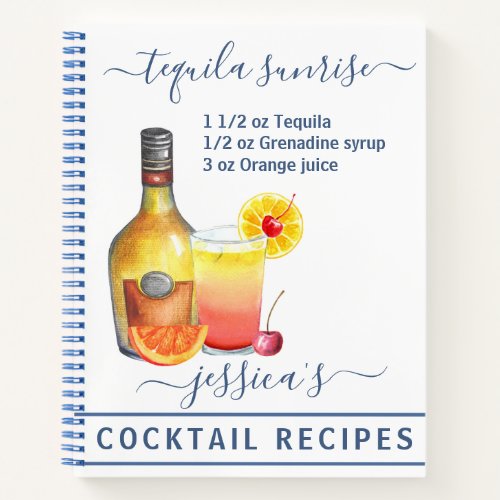Cocktail Watercolor Recipe Mixed Drinks Tequila Notebook