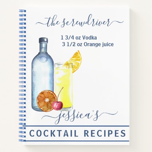 Cocktail Watercolor Recipe Mixed Drinks Vodka Notebook