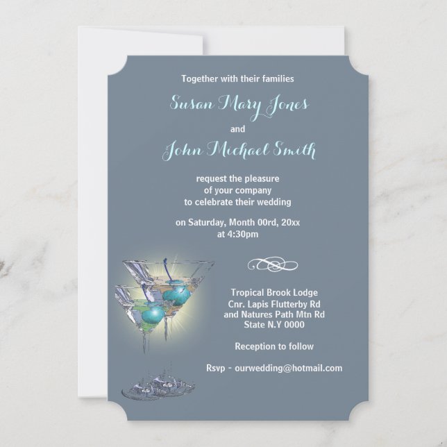 Cocktail wedding rehearsal blue white invitation (Front)