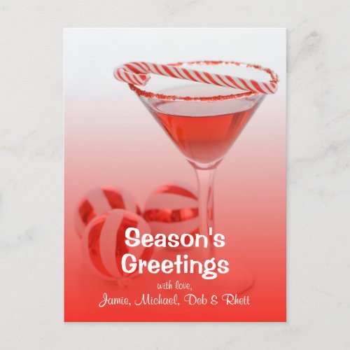 Cocktail with candy cane and Christmas ornaments Holiday Postcard