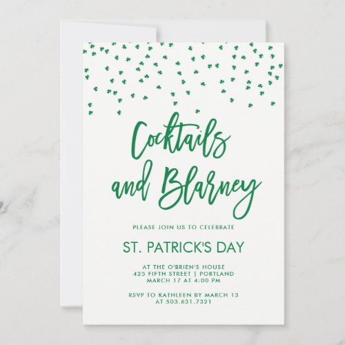 Cocktails and Blarney  Modern Green and White Invitation