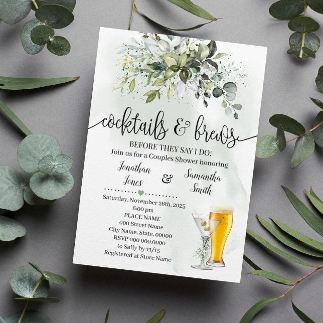 Cocktails and Brews Shower Eucalyptus Greenery Invitation (Creator Uploaded)