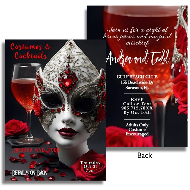 Cocktails and costumes Venetian mask Halloween Invitation (Creator Uploaded)
