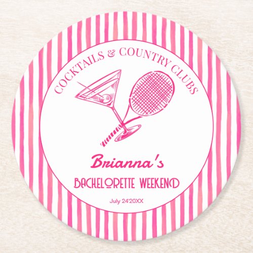 Cocktails and country clubs tennis Bachelorette Round Paper Coaster