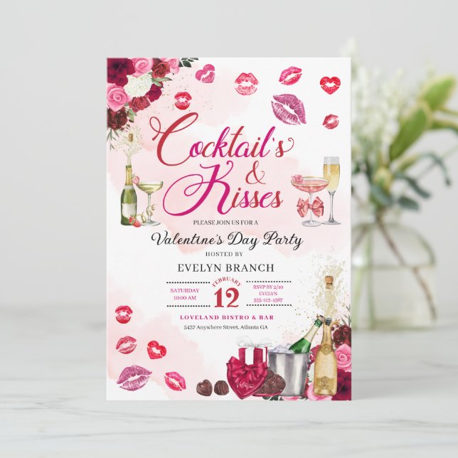 Cocktail's and Kisses Galentine's Day Party Invitation (Standing Front)