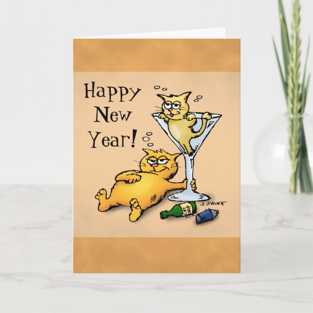 Cocktails And Kittens Happy New Year Cartoon Invitation