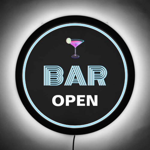 Cocktails Bar Open  Light Blue Frame on Black LED Sign