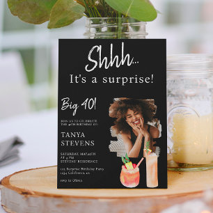 Cocktails black photo surprise forty birthday invitation