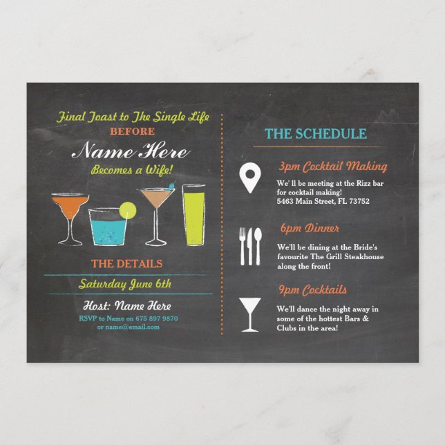 Cocktails Bridal Shower Itinerary Bachelorette Program (Front)