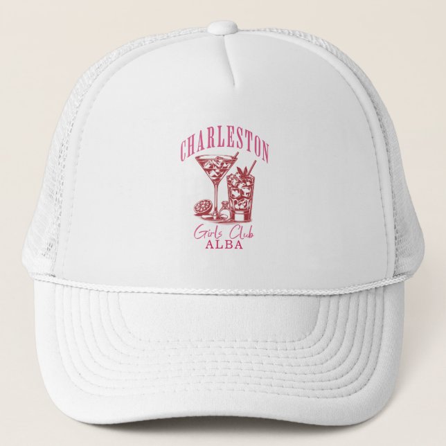 cocktails charleston bachelorette weekend trucker hat (Front)
