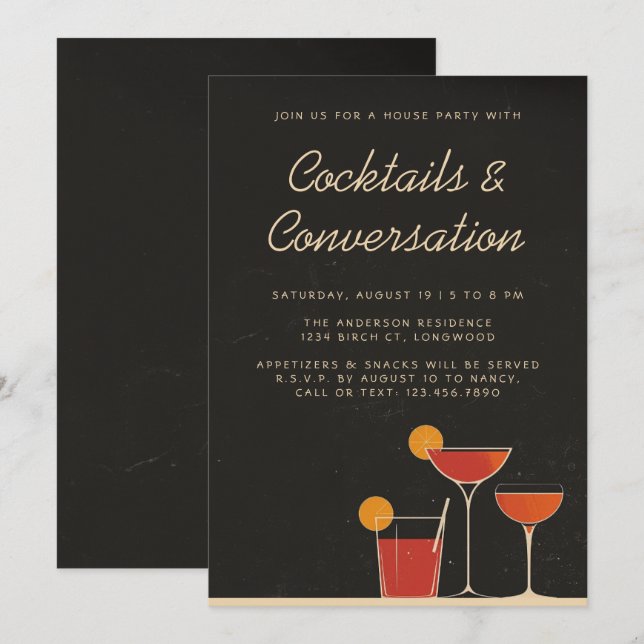 Cocktails & Conversation Retro Drinks House Party Invitation (Front/Back)