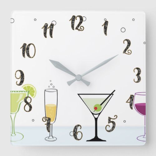 Cocktails Drinks Bubbly Alcohol Wine Glass Kitchen Square Wall Clock
