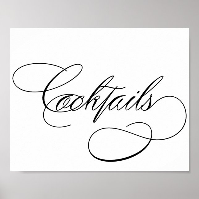 Cocktails | Elegant Black Script on White Bar Sign (Front)