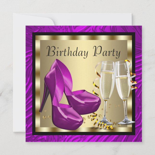 Cocktails High Heel Shoes Purple Zebra Birthday Invitation (Front)