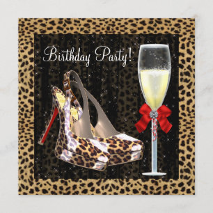 Cocktails High Heel Shoes Red Leopard Birthday Invitation