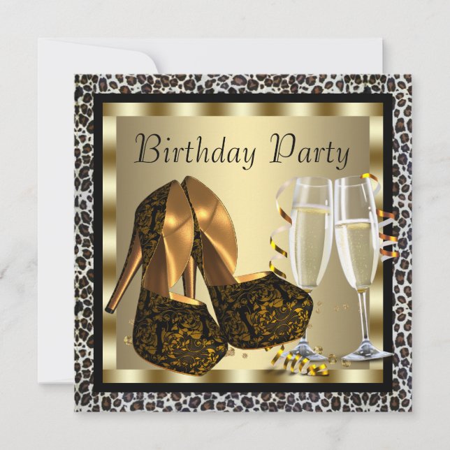 Cocktails High Heel Shoes Womans Leopard Birthday Invitation (Front)