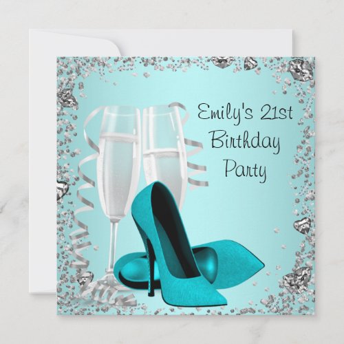Cocktails High Heels Teal 21st Birthday Party Personalized Invitation