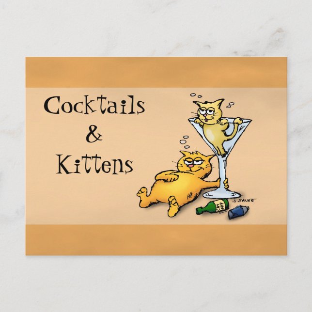 Cocktails & Kittens Gold Cartoon Post Card (Front)