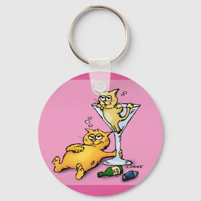 Cocktails & Kittens Pink Cartoon Keychain (Front)