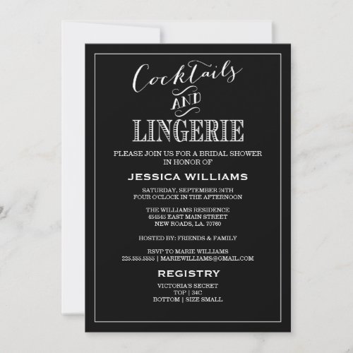Cocktails &amp; Lingerie Shower Invitations | Black
