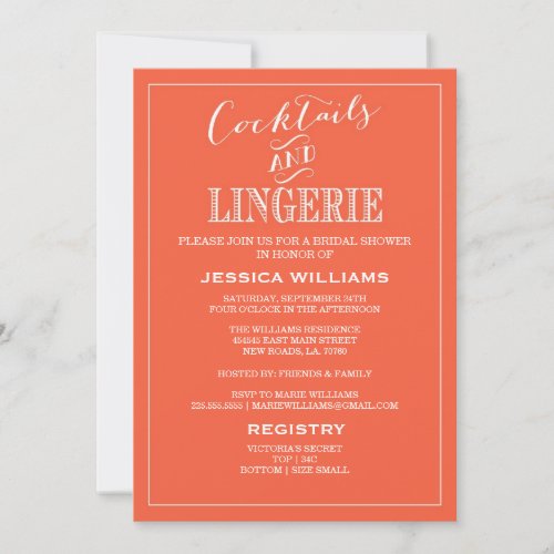 Cocktails &amp; Lingerie Shower Invitations | Coral
