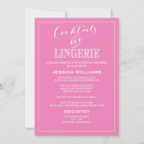 Cocktails &amp; Lingerie Shower Invitations | Pink