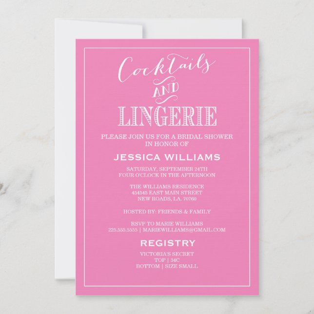 Cocktails & Lingerie Shower Invitations | Pink (Front)