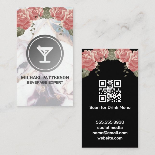Cocktails Martini Gray Logo | Marble and Roses Business Card (Front/Back)