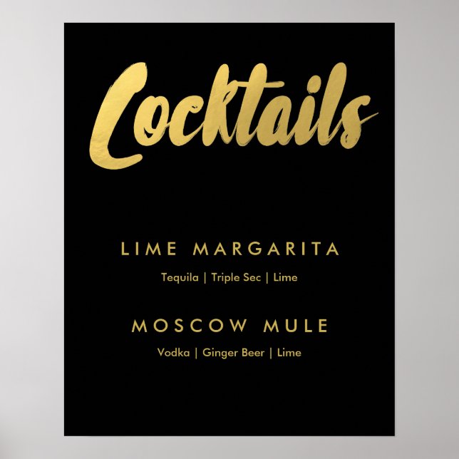 Cocktails menu gold glam sign | editable color (Front)