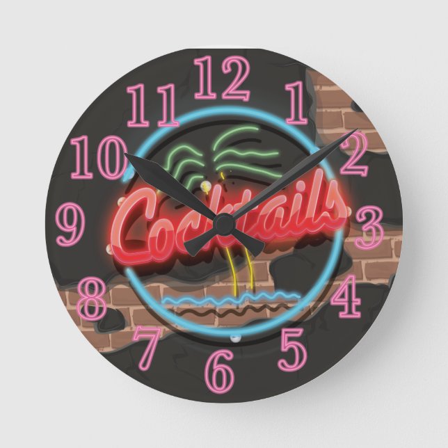 Cocktails Nightclub Neon sign Round Clock (Front)