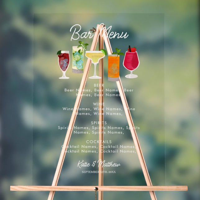 Cocktails & Party Bar Drinks Wedding Menu Acrylic Sign (Neutral)