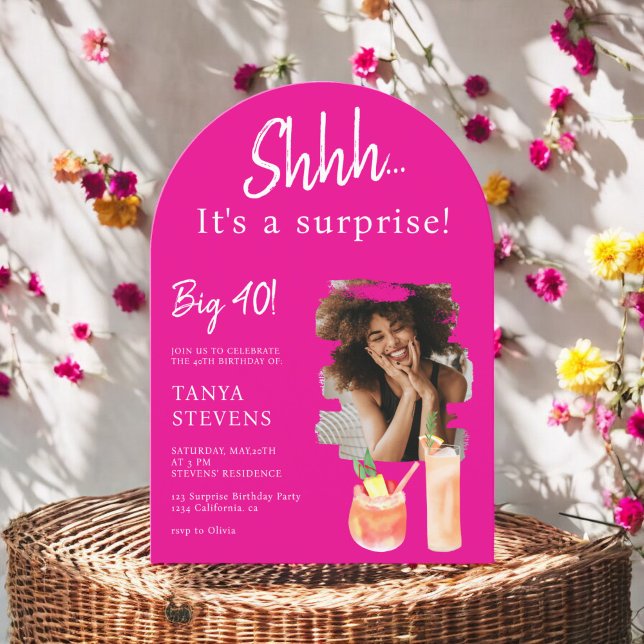 Cocktails pink photo surprise forty birthday invitation (Cocktails pink photo surprise forty birthday invitation)