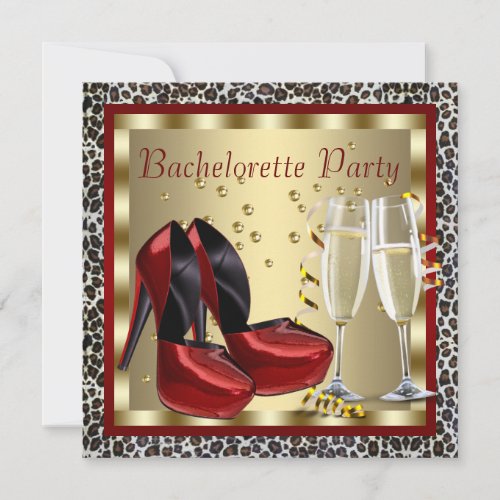 Cocktails Red High Heel Shoes Leopard Bachelorette Personalized Invitations
