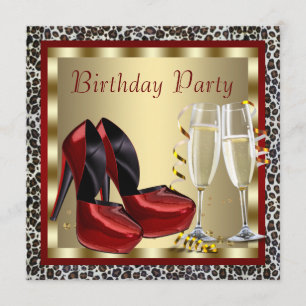 Cocktails Red High Heel Shoes Leopard Birthday Invitation