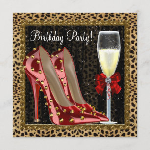 Cocktails Red High Heel Shoes Leopard Birthday Invitation