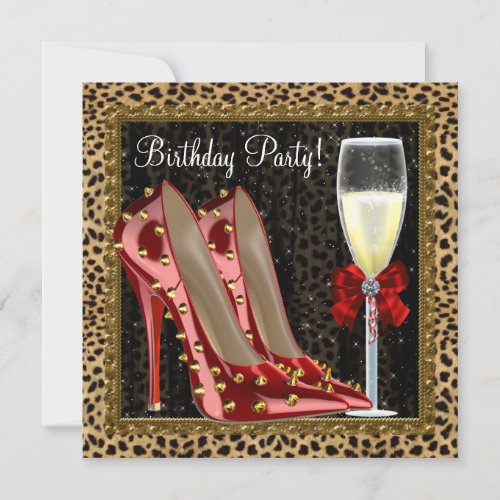 Cocktails Red High Heel Shoes Leopard Birthday Announcement