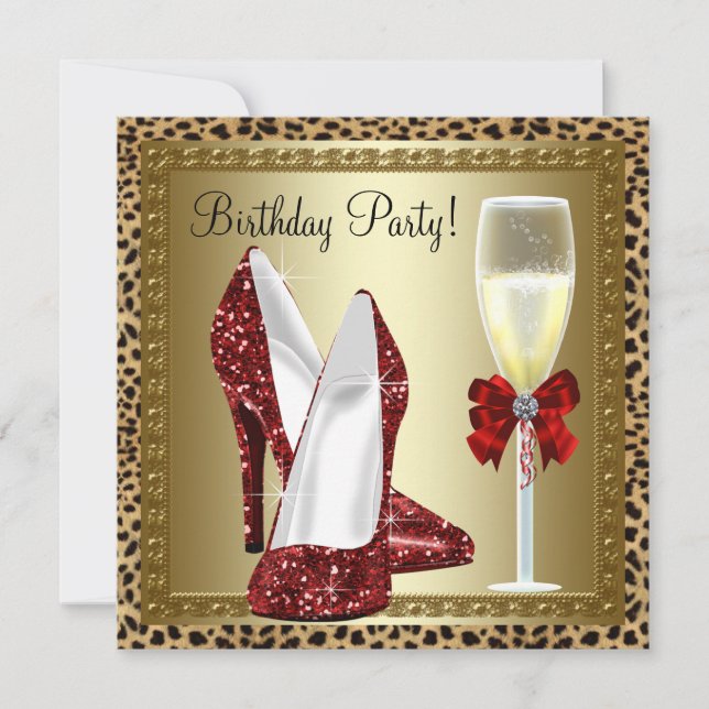 Cocktails Red High Heel Shoes Leopard Birthday Invitation (Front)