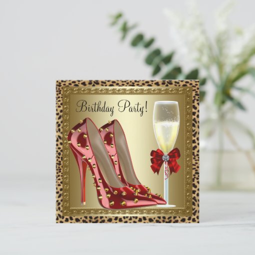 Cocktails Red High Heel Shoes Leopard Birthday Invitation | Zazzle